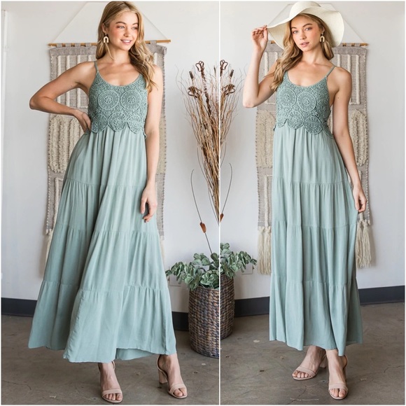 1 LEFT! Sage Green Crochet Lace Long Maxi Dress Smocked - Picture 2 of 6